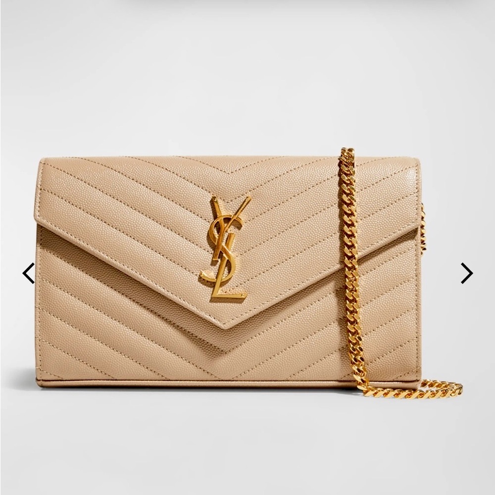 SOLD $1300 Saint Lauren Poudre (Nude)Large Monogram Quilted Leather Wallet Chain
